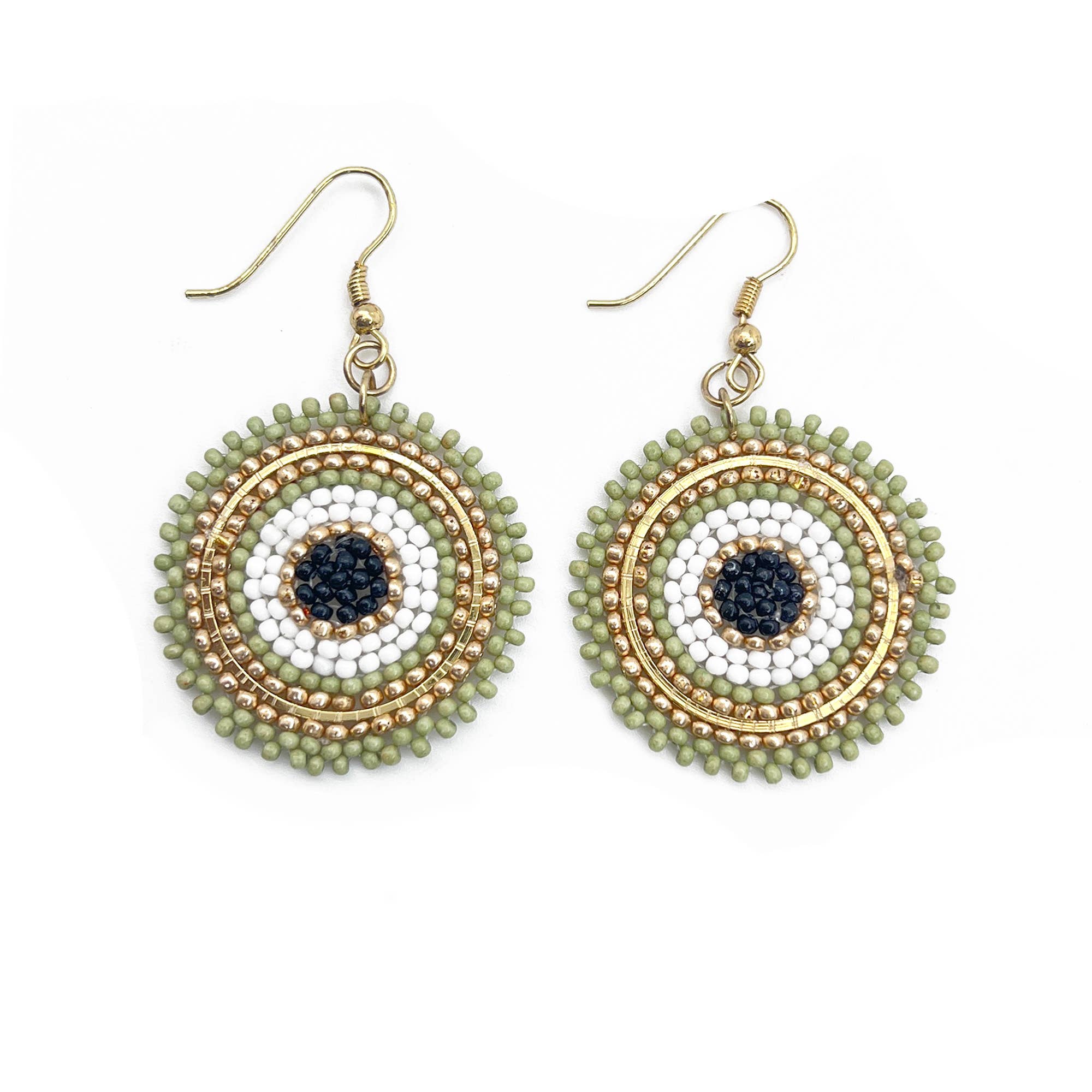 Seed Bead Color Circle Earrings - Multiple Color Styles: Sage & Gold