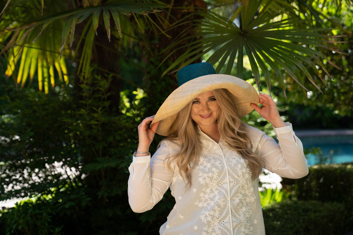 Monica  7" Wide Brim Two Tone Packable Straw Sun Hats