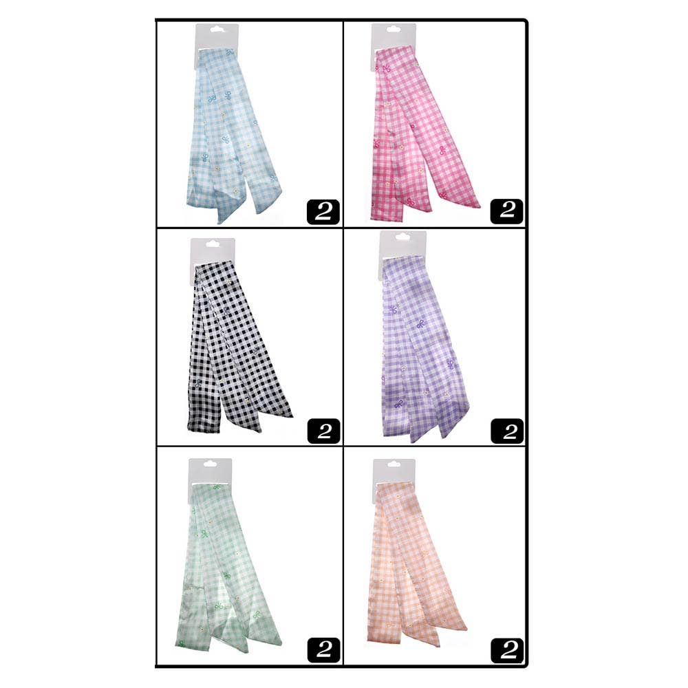 Silky Feel Bow Accent Checkered Pattern Print Twilly Bag Neck Scarves