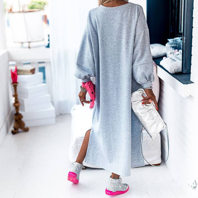 FASHION SOLID COLOR CASUAL LONG SLIT DRESS: GREY