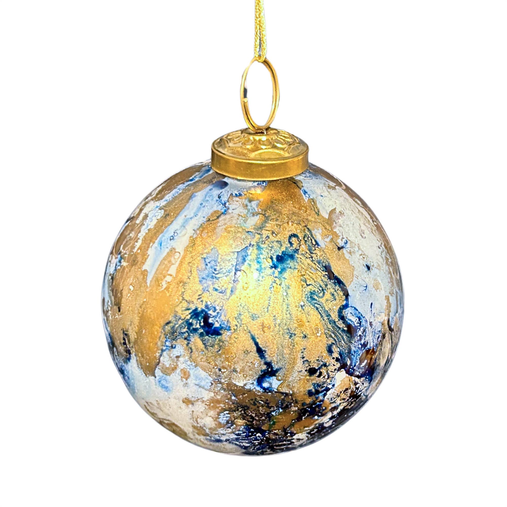 BLUE/GOLD WATERCOLOR GLASS BALL ORNAMENT 4"