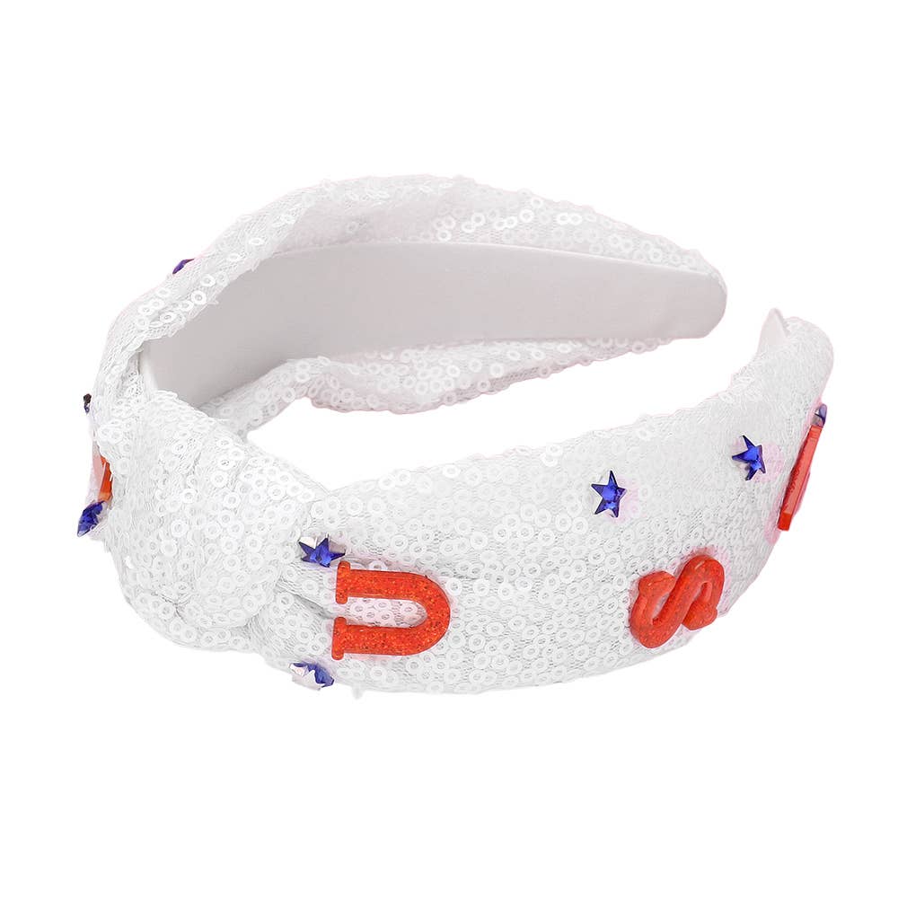 American USA Star Stone Embellished Sequin Knot Headband