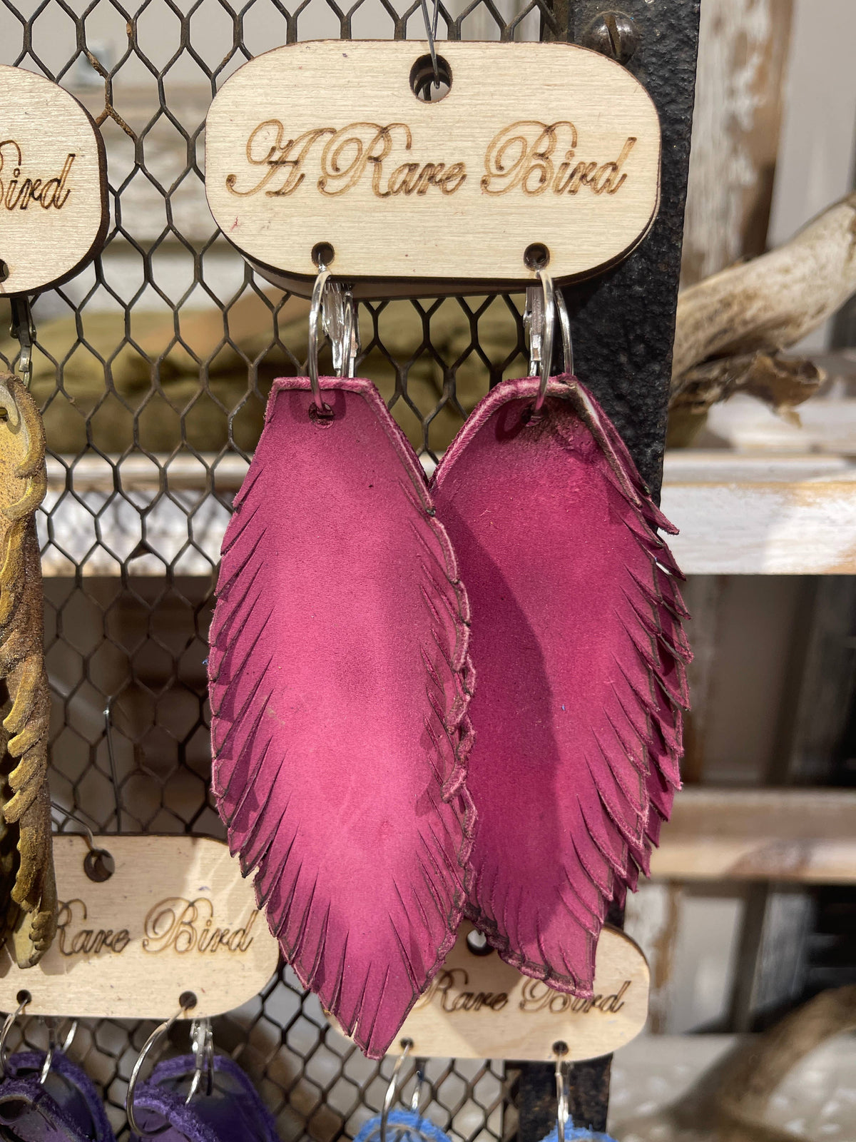 Hand-cut Pink Leather Feather Earrings