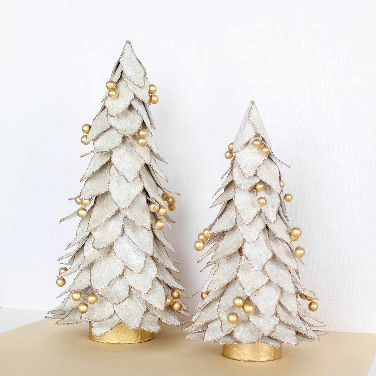 Flocked Kraft Leaf Tree w/Gold Beads (Ecru/Gold): 14"  STUNNING