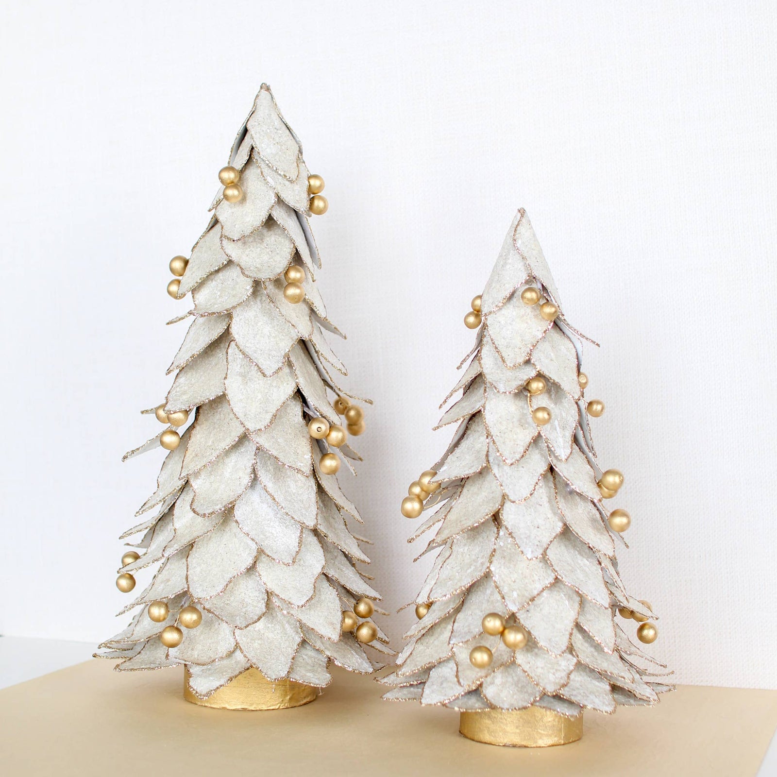 Flocked Kraft Leaf Tree w/Gold Beads (Ecru/Gold): 14"  STUNNING