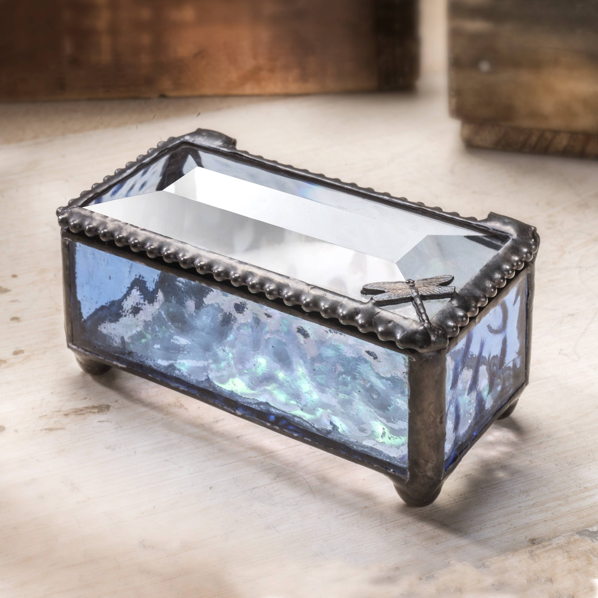 Blue Glass Box with Dragonfly Filigree