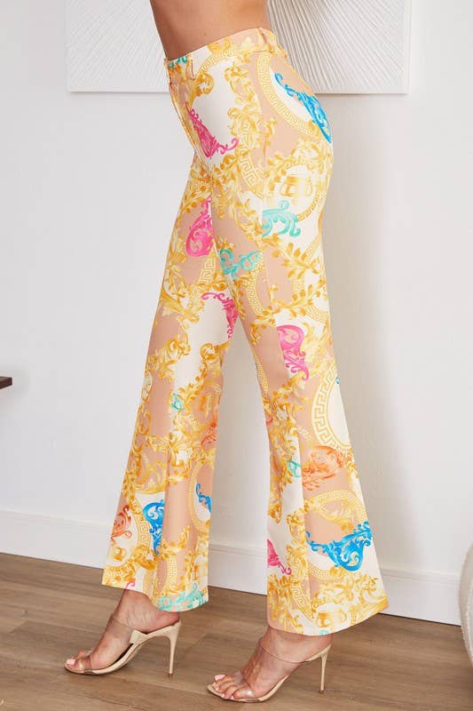 Baroque Print Long Flare Pants: Beige/Gold