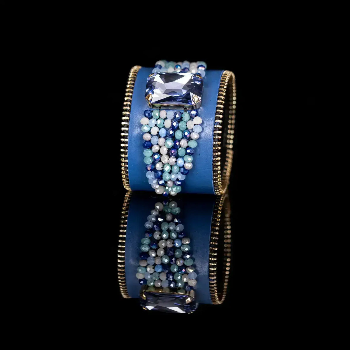 Azure Cascade Cuff Blue Leather Crystal Drop Statement