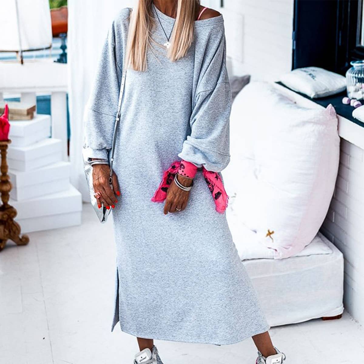 FASHION SOLID COLOR CASUAL LONG SLIT DRESS: GREY