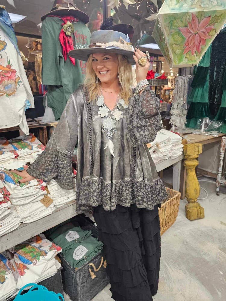 Silver Distressed Satin Lace Tunic: