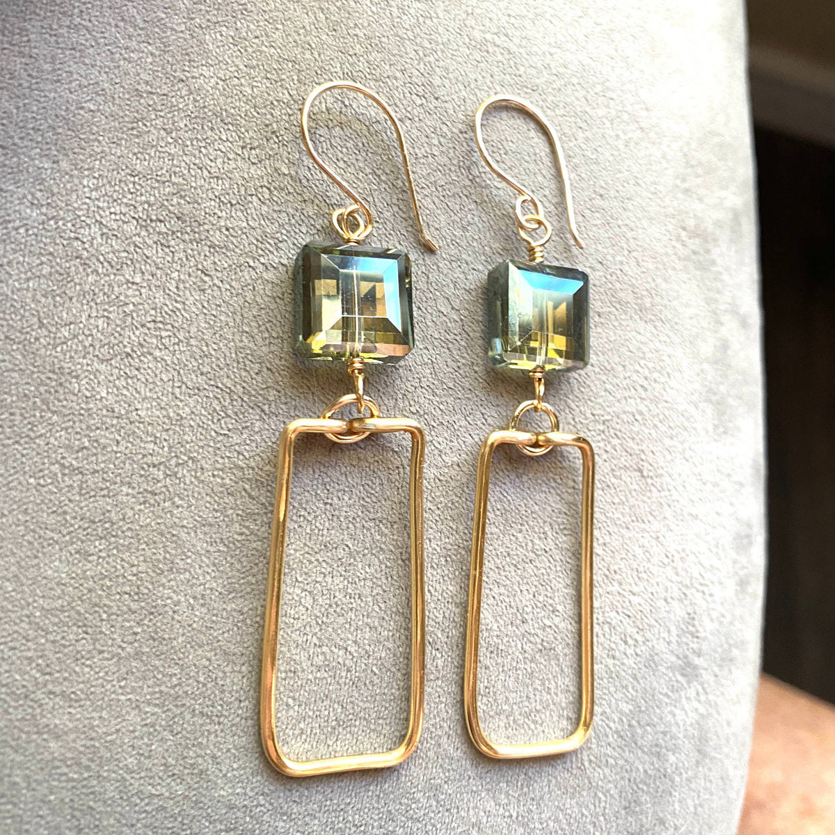 Green - Gold Hammered Rectangle and Square Crystal Earrings Green: