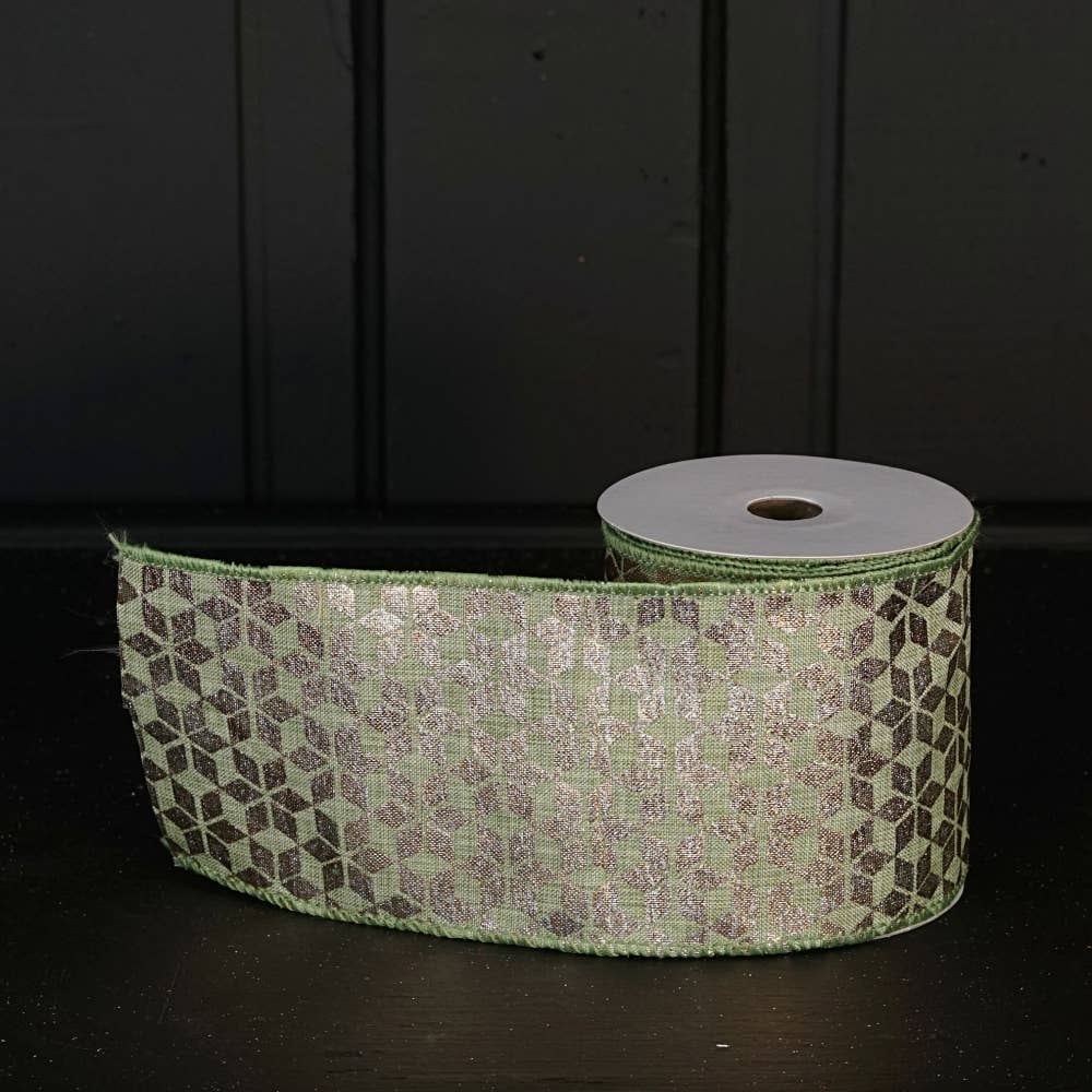 Wired Ribbon-Sage Green w. golden hexagon (4inW)