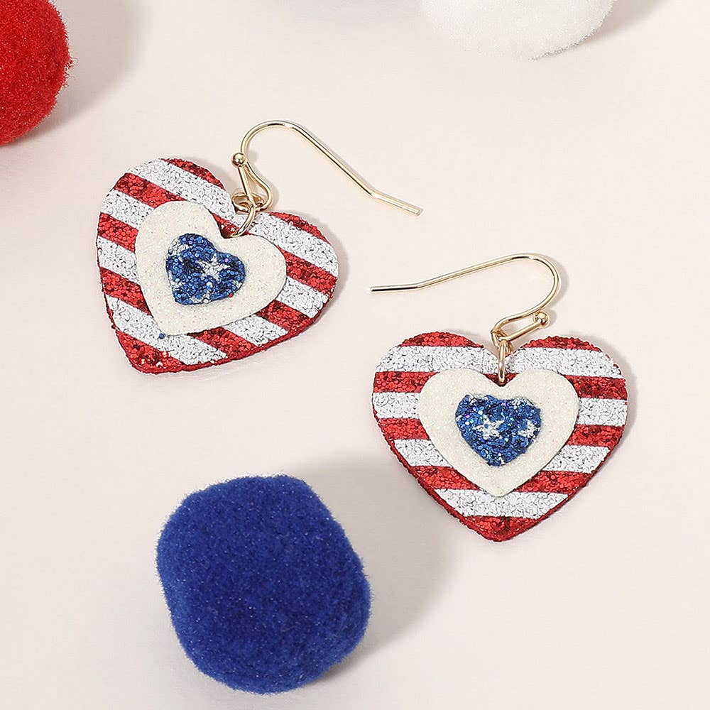 Glittered American USA Flag Heart Dangle Earrings