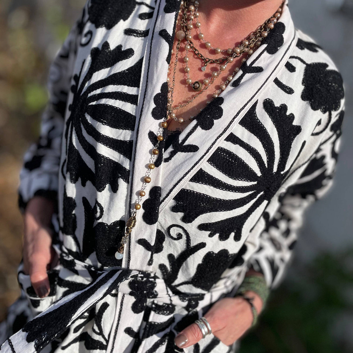 Suzani Hand Embroidered Jacket- Black and White: One size