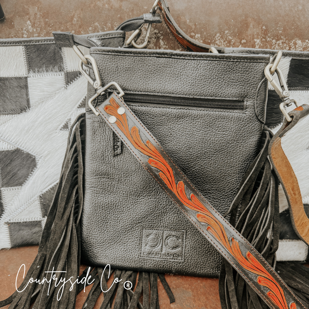 Grit &amp; Glam Checkered Cowhide Purse, Tooled Leather Strap