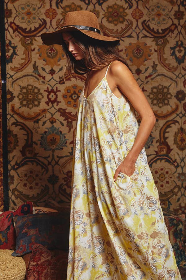 Tie Dye Print Flowing Maxi Slip Dress: YELLOW MULTI