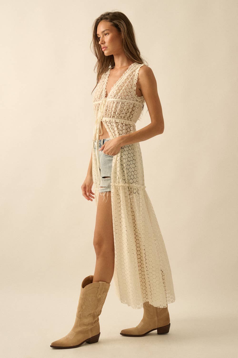 Sheer Crochet Lace Sleeveless Tie-Front Maxi Top