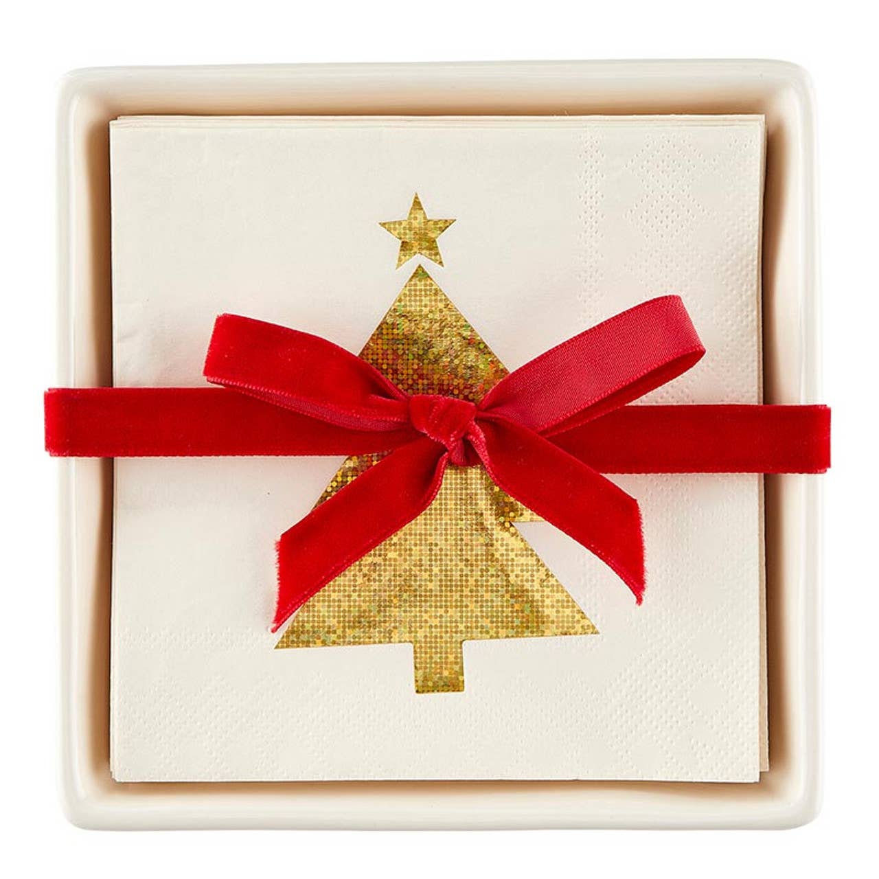 Ceramic Napkin Tray + Napkins - Gold Glitter Tree: Ceramic, Paper, Ribbon