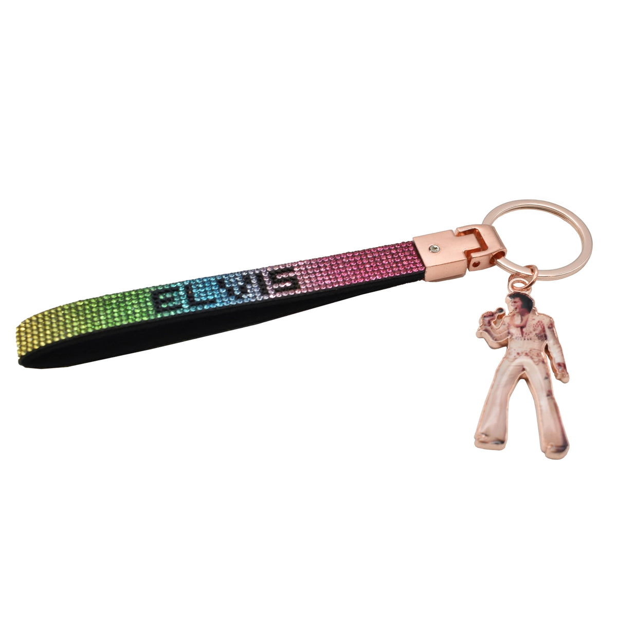 Elvis Key Chain - Wristlet w/ Rhinestones Rainbow