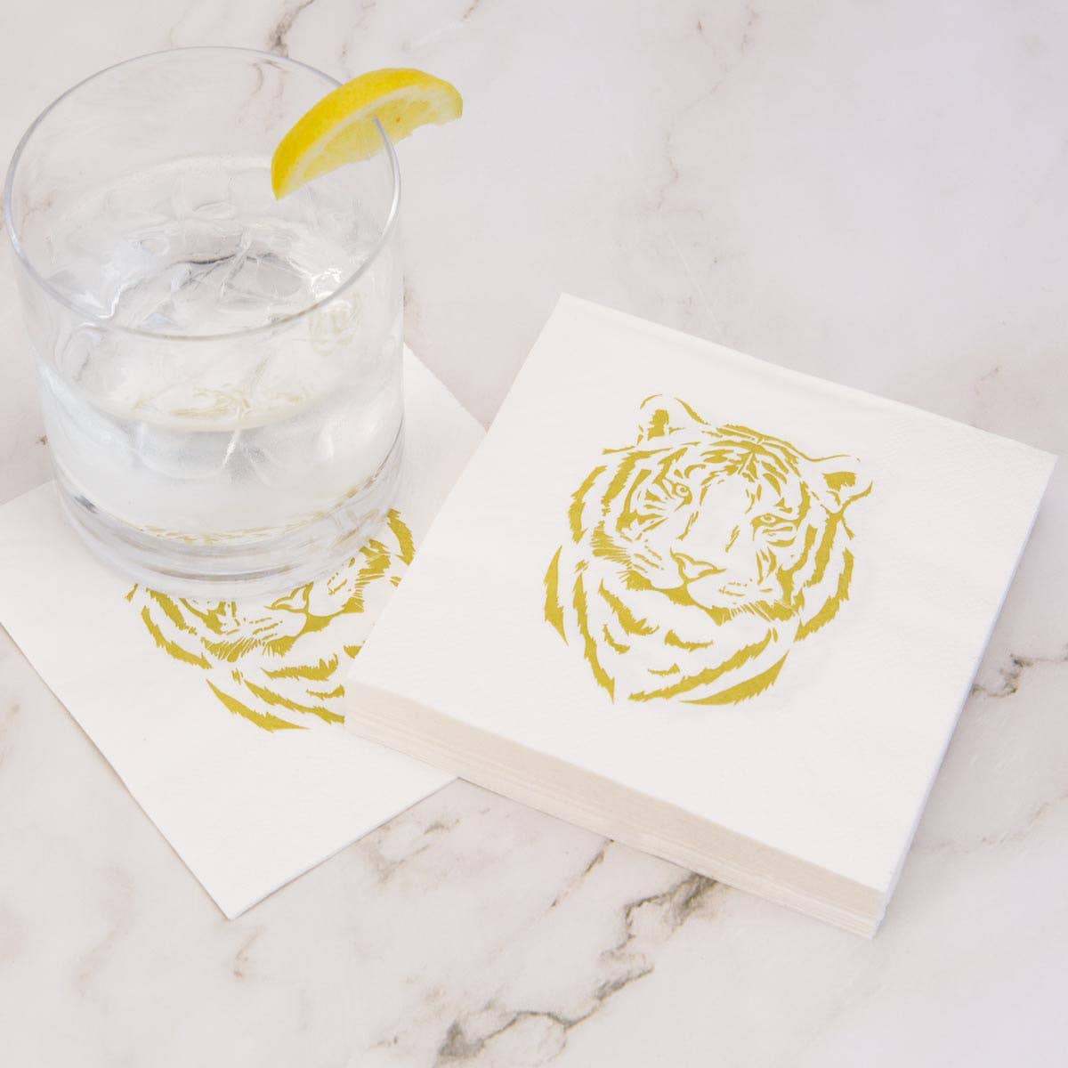 Tiger Cocktail Napkins    White/Light Gold   5"