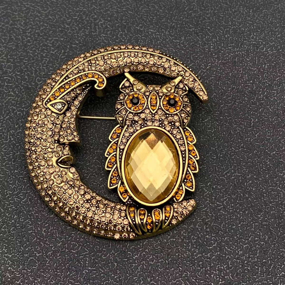 Sparkling Rhinestone Moon &amp; Galss Owl Brooch