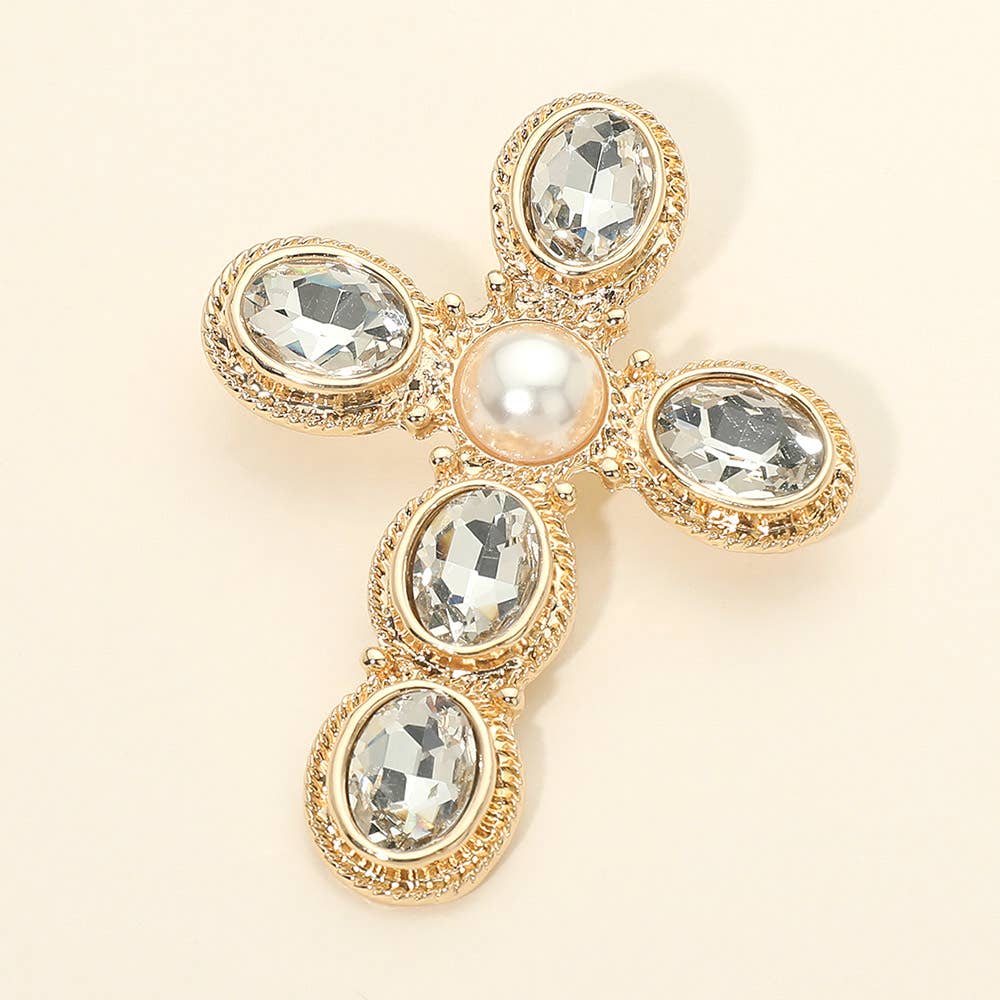 Pearl Oval Stone Vintage Cross Pin Brooch