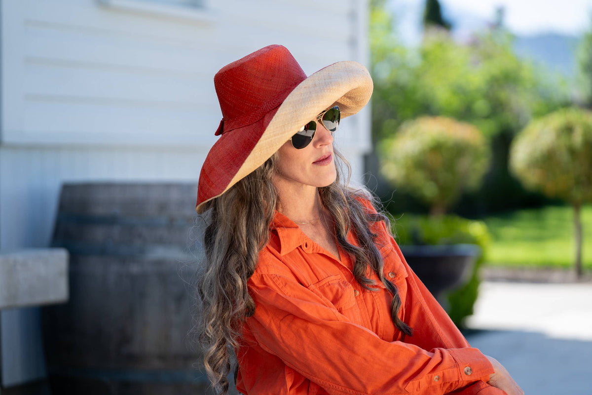 Monica  7" Wide Brim Two Tone Packable Straw Sun Hats