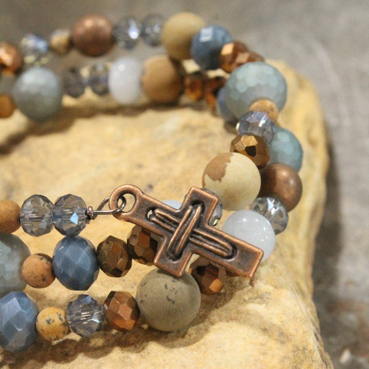 Copper Cross &amp; Stone Wrap Bracelet