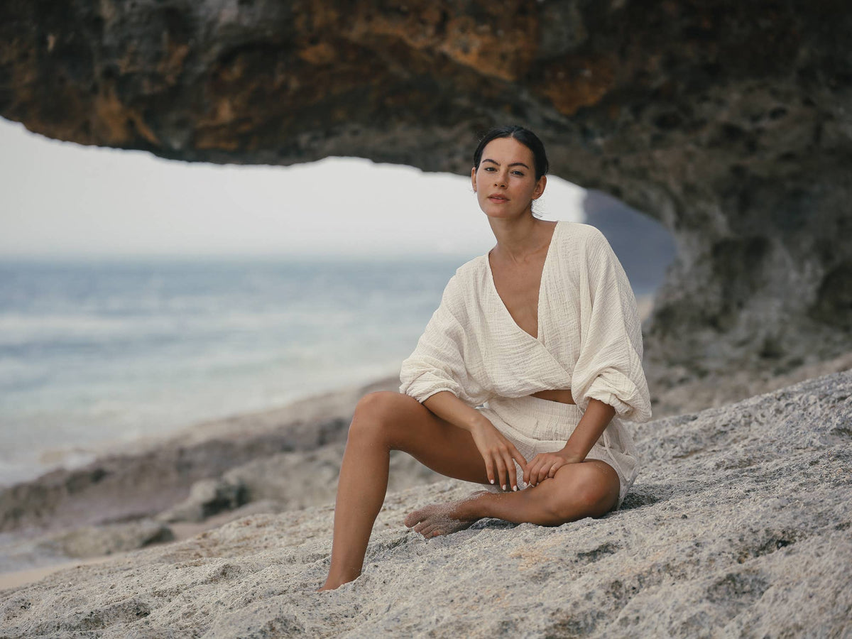 Echo Boy Short - Natural with Gold Stripes | 100% Turkish Co: Small/Medium / Natural with Gold Stripes