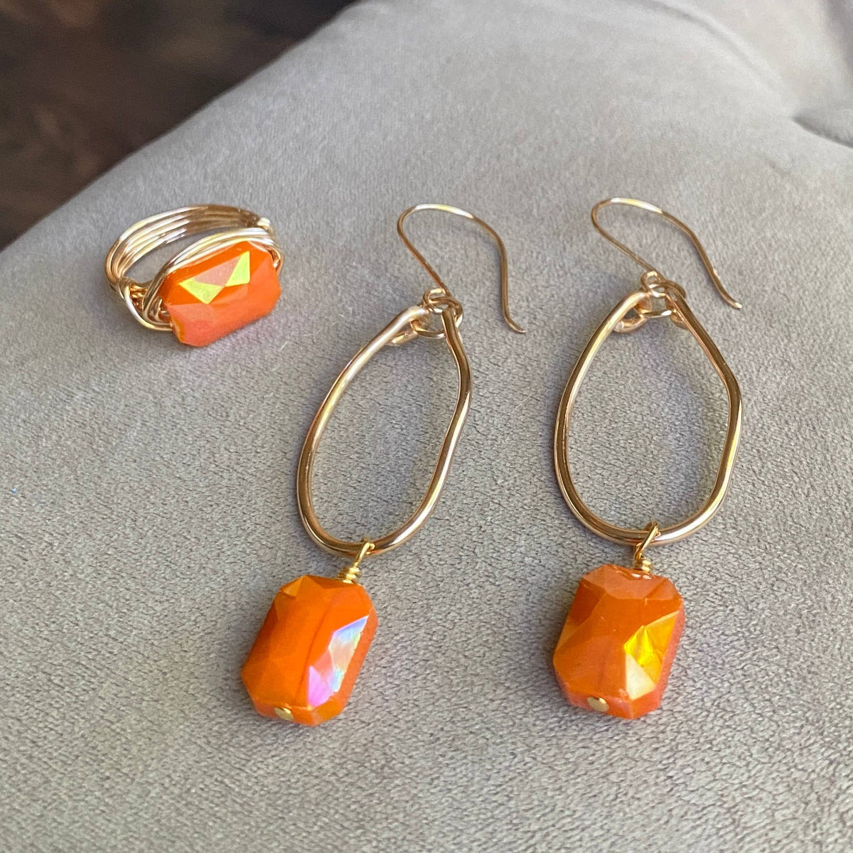ORANGE - Gold Wire Wrapped Ring Faceted Orange Crystal Statement Ring: Gold