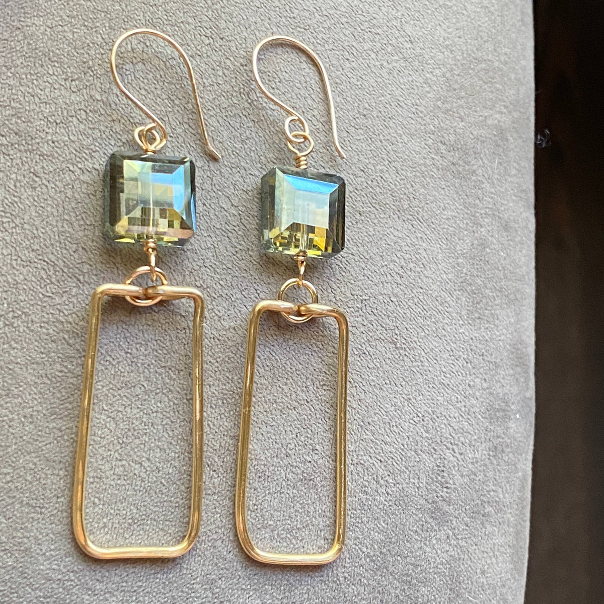 Green - Gold Hammered Rectangle and Square Crystal Earrings Green: