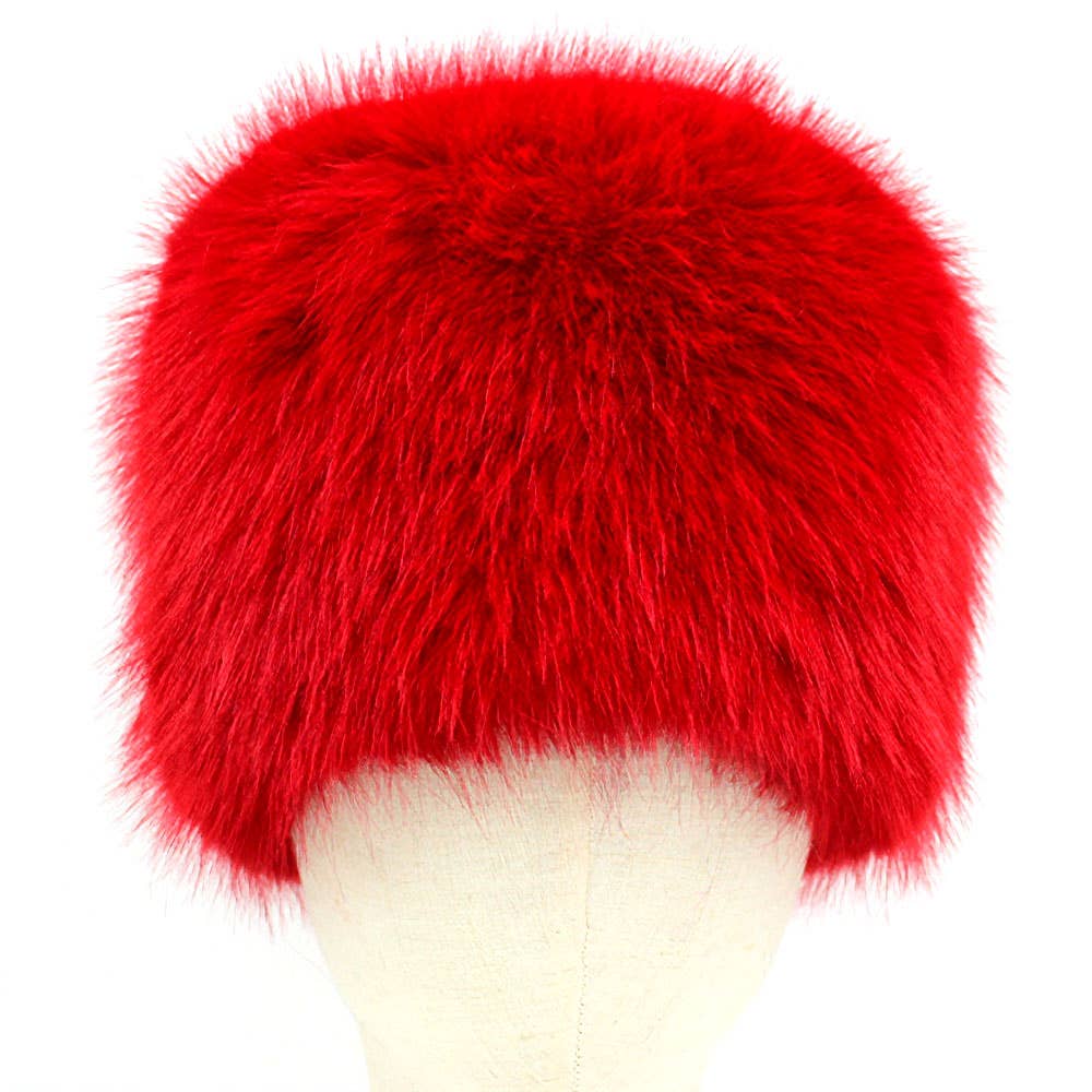 Faux Fur Furry Cossack Style Winter Hat: Red