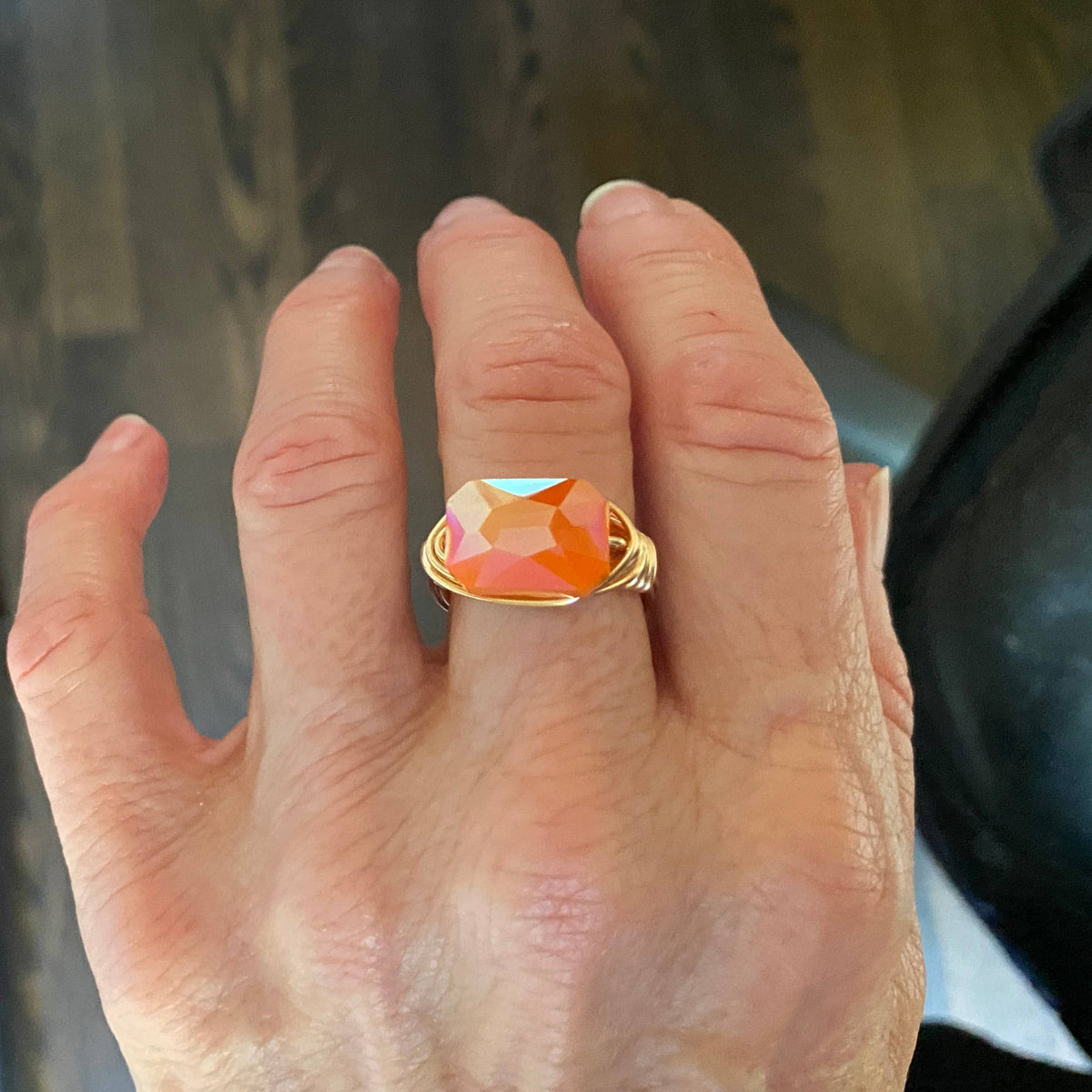 ORANGE - Gold Wire Wrapped Ring Faceted Orange Crystal Statement Ring: Gold
