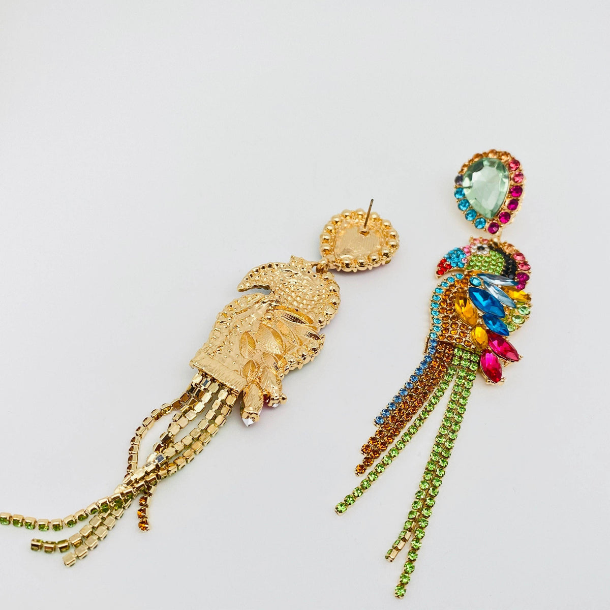 Parrot Rhinestone Tassel Earrings: Colourful