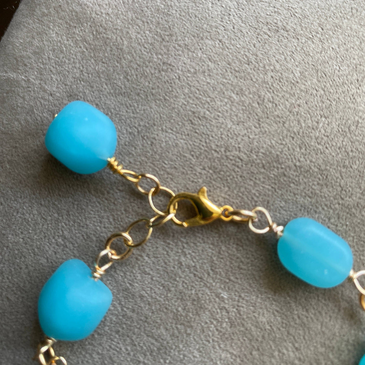 Gold Hammered Frame Bracelet Blue Frosted Glass Matte