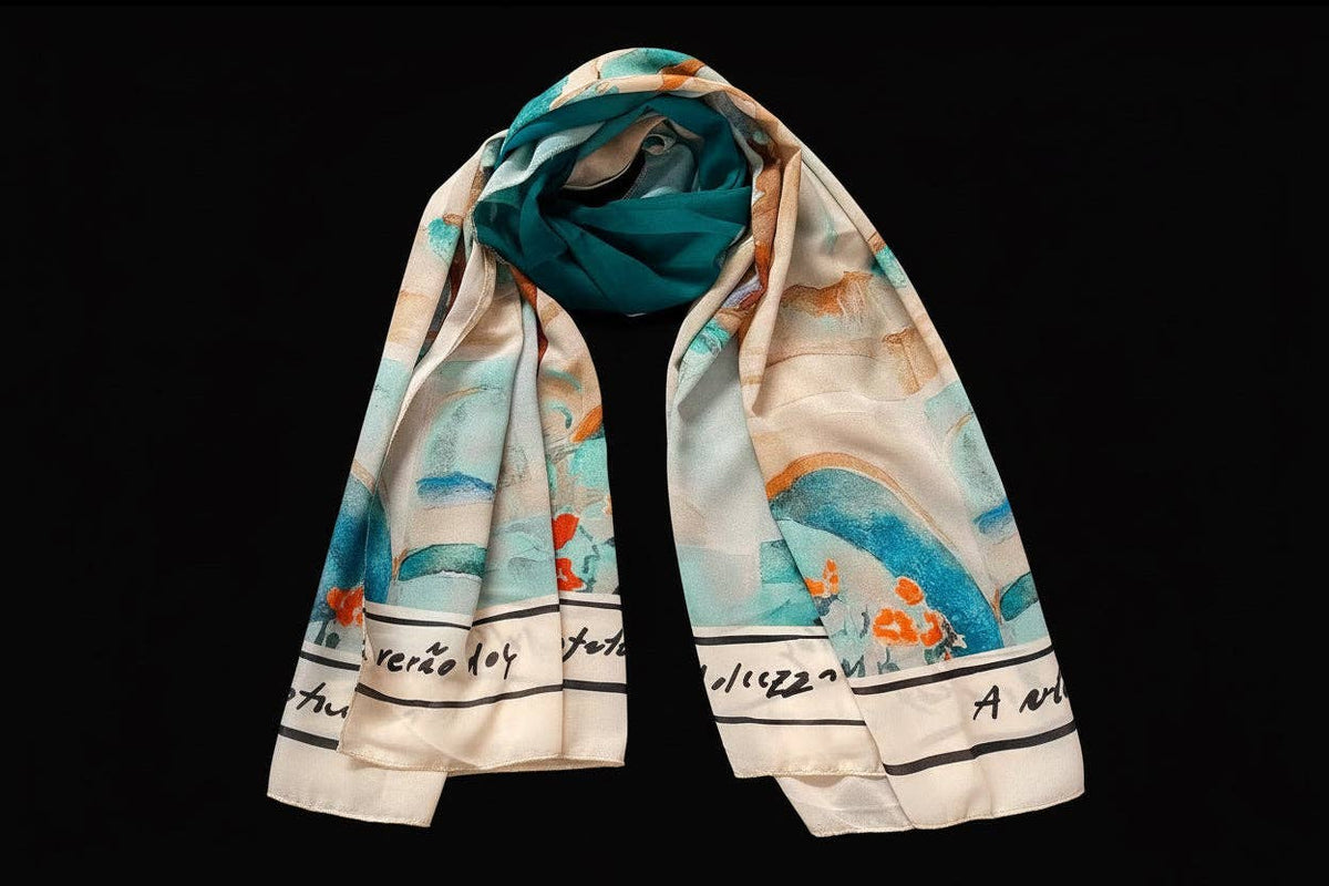 Watercolour Print Scarf-WHITE &amp; TEAL