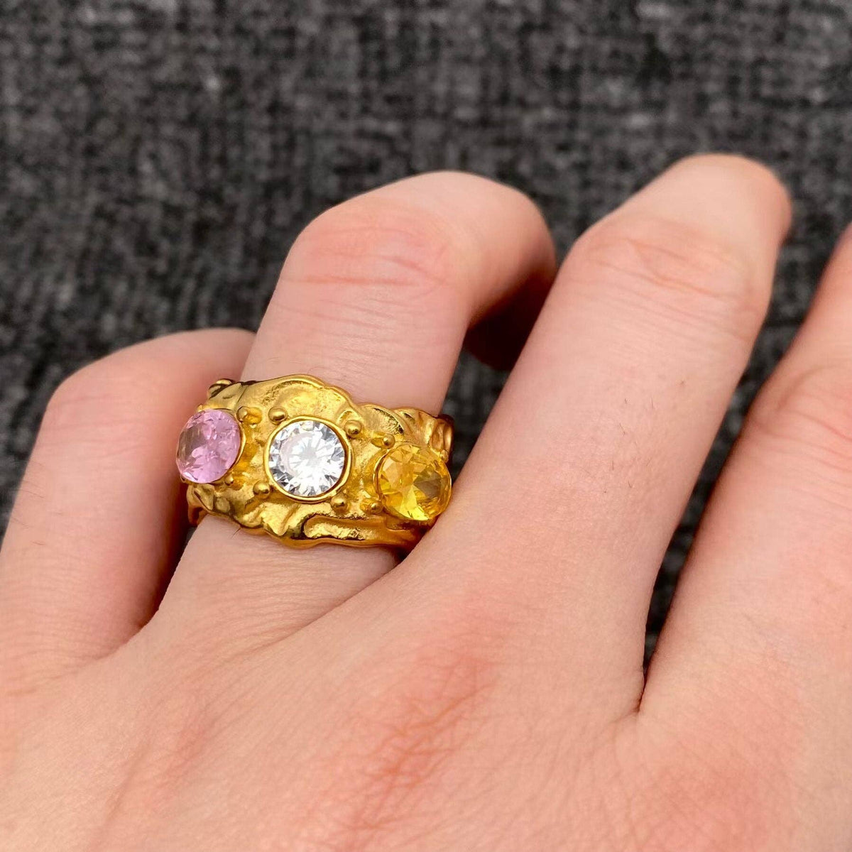 Inlaid Zircon 18K Gold Plated S.Steel Irregular Texture Ring