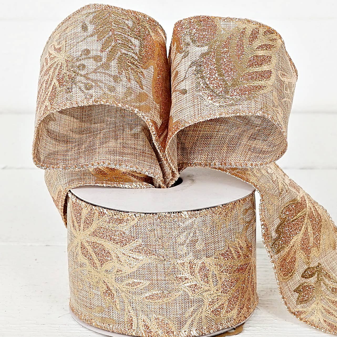 Wired Ribbon-Burlap-Metallic golden leaves (2.5inW)