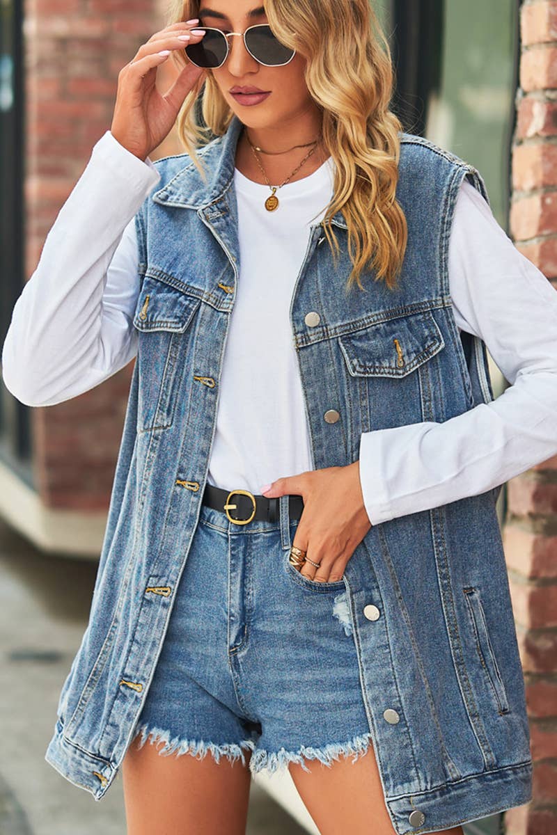 VINTAGE BUTTON UP POCKET COLLAR DENIM VEST: BLUE