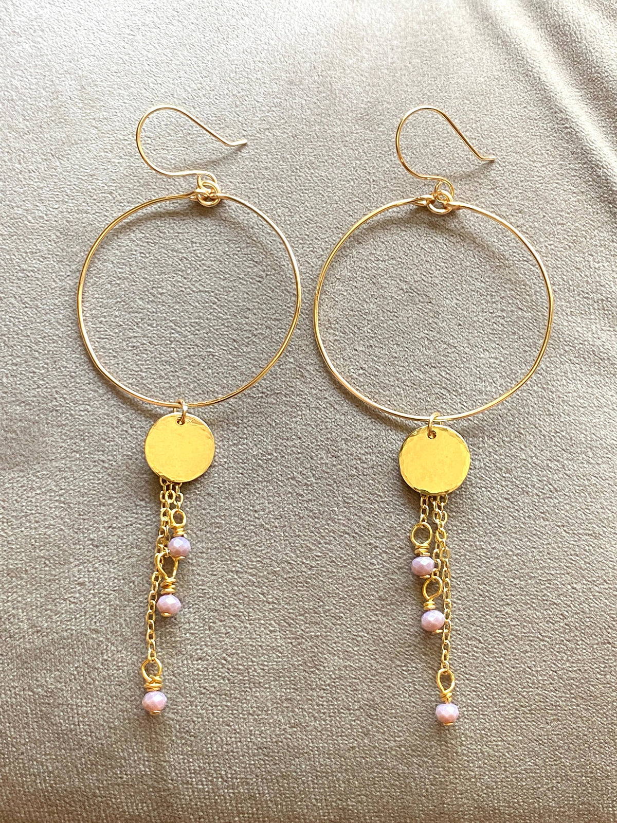 Pearl - Gold Hoop Earrings Chain Coin Drop Lavender Facets