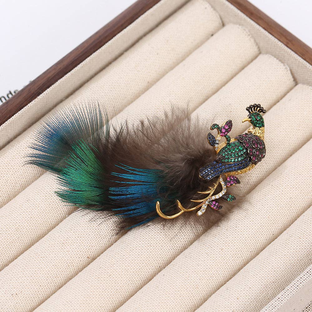 Rhinestone Feather Peacock Brooch