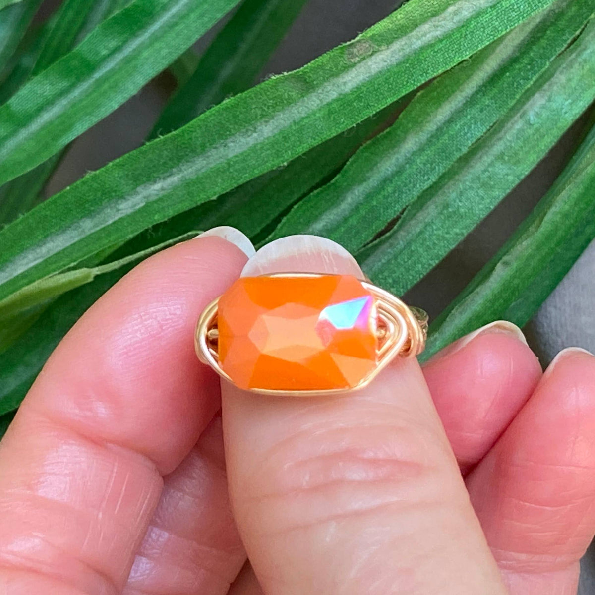 ORANGE - Gold Wire Wrapped Ring Faceted Orange Crystal Statement Ring: Gold