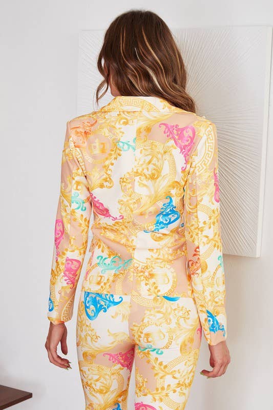 Baroque Print Single Button Blazer: Beige/Gold