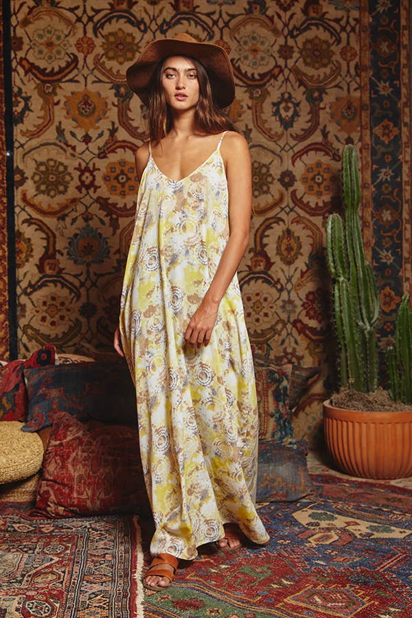 Tie Dye Print Flowing Maxi Slip Dress: YELLOW MULTI