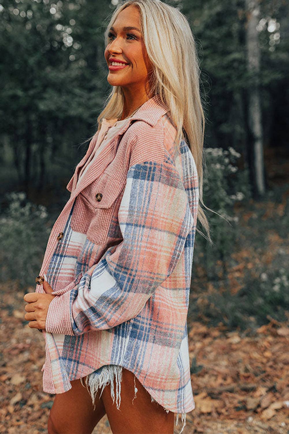 Plaid Corduroy Patchwork Chest Pocket Shacket: Light Pink