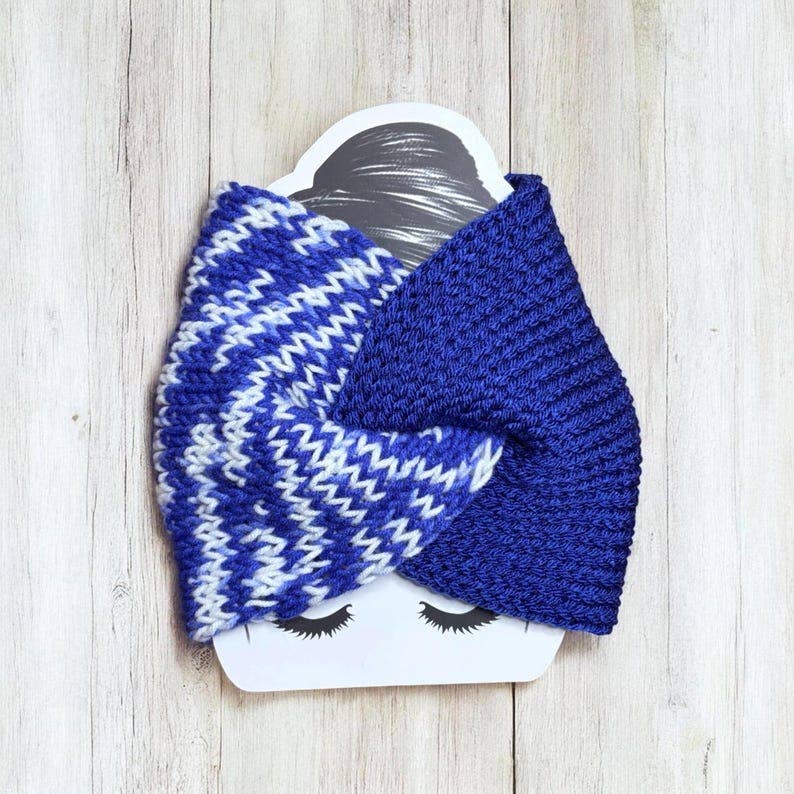 Royal Blue &amp; White Game Day Knit Headband, handmade in USA