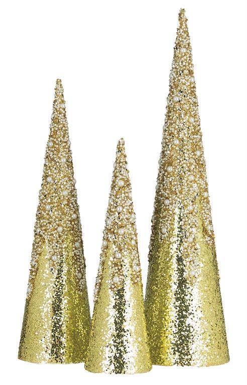 Sequin/Pearl Cone Tree, 3 Asst, 18", 24", 30", Gold/Pearl