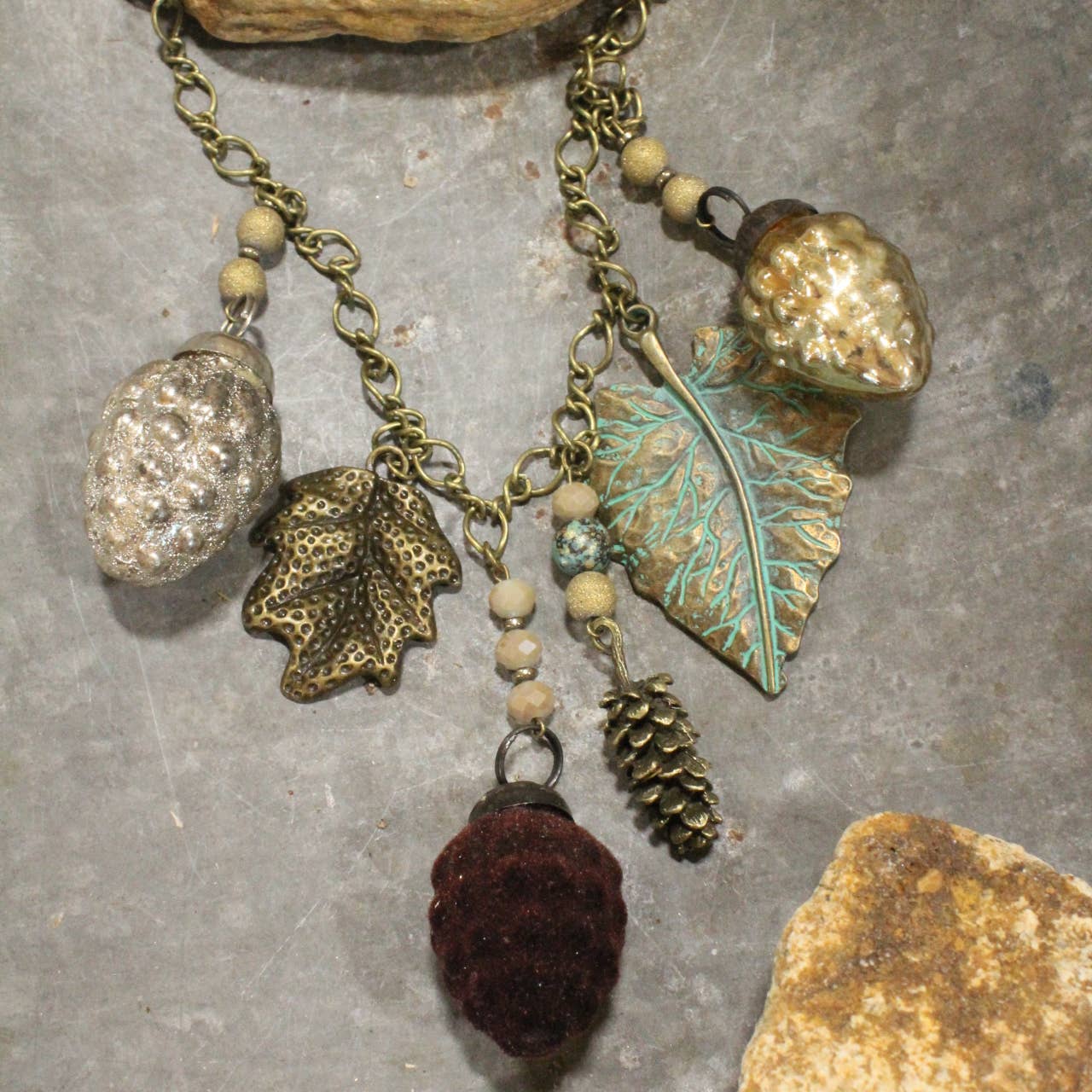 Flock Together Chocolate Pinecone & Leaves Charm'd Necklace
