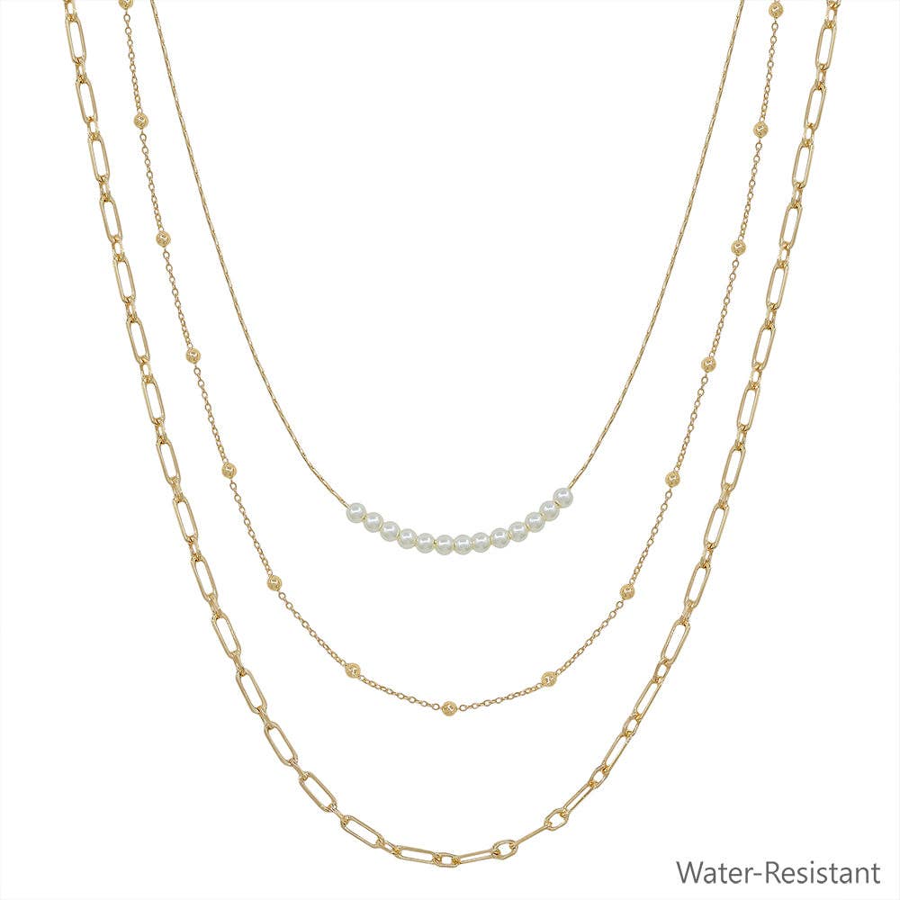 Triple Layered Gold with Pearl Thin Dotted Chain 16"-18" Necklace
