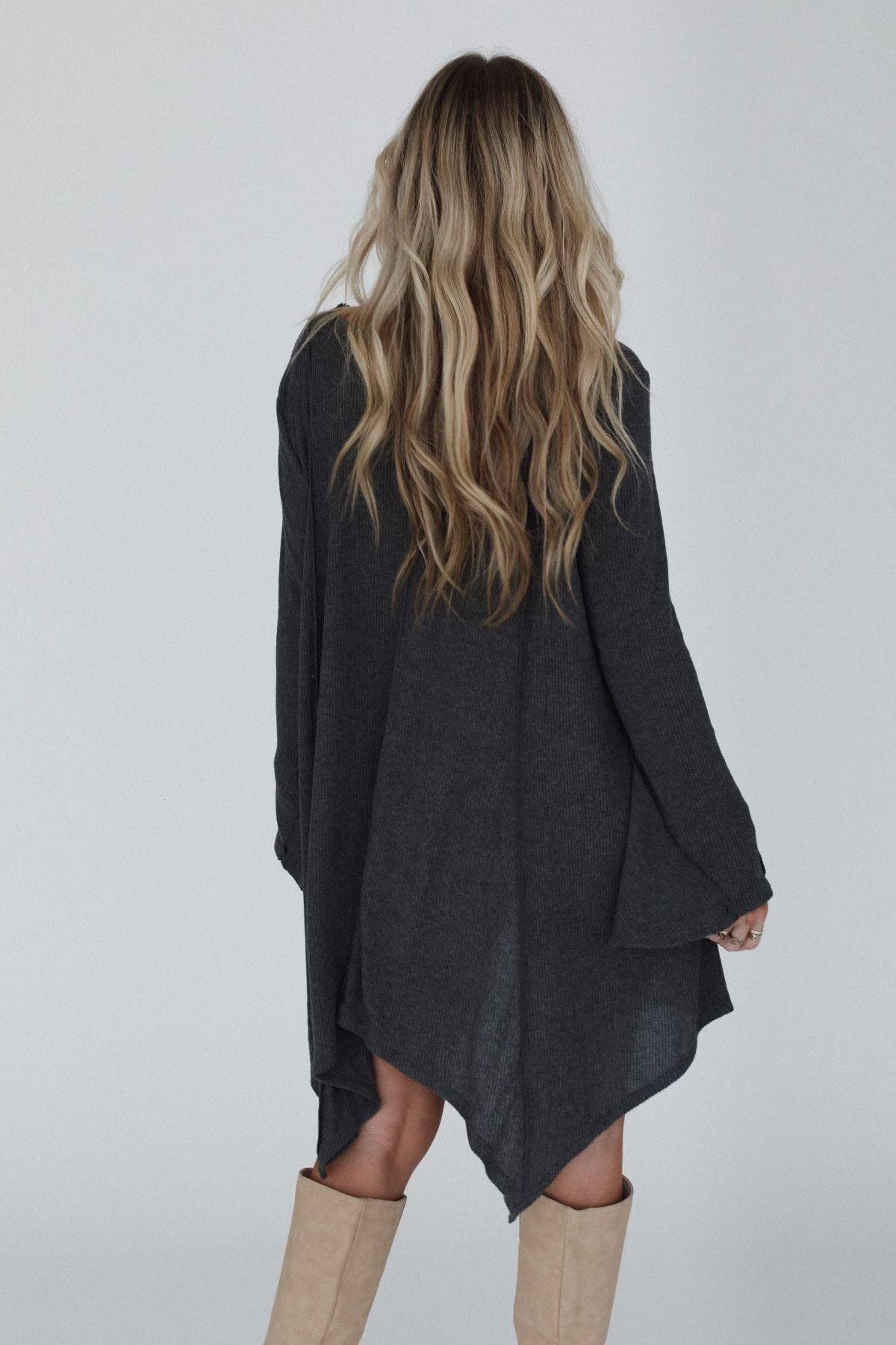 Golden Hour Long Bell Sleeve Tunic Dress - Charcoal: